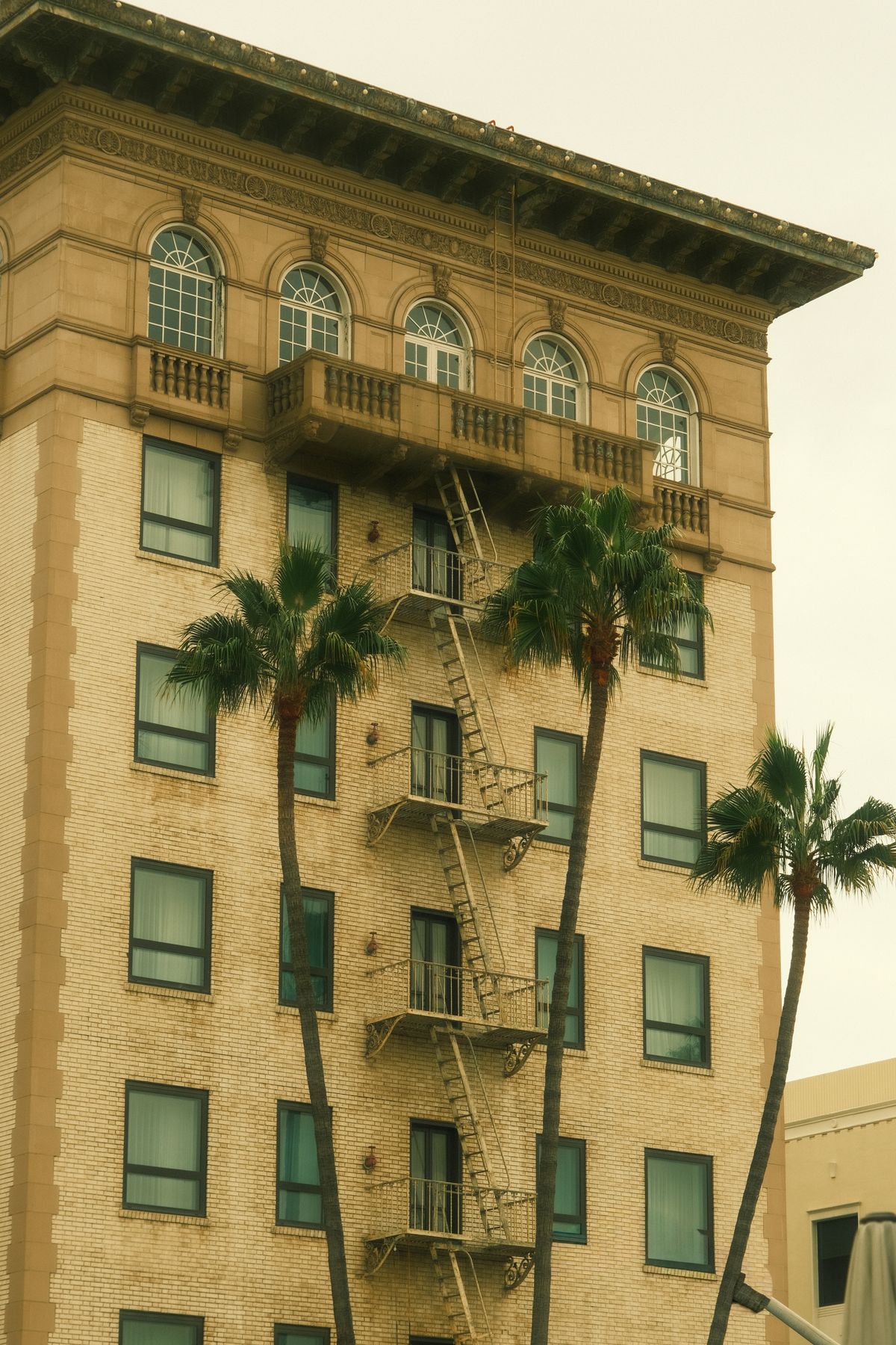 Vintage apartment building in Los Angeles with palm trees against a clear sky, capturing the city's iconic architecture.
